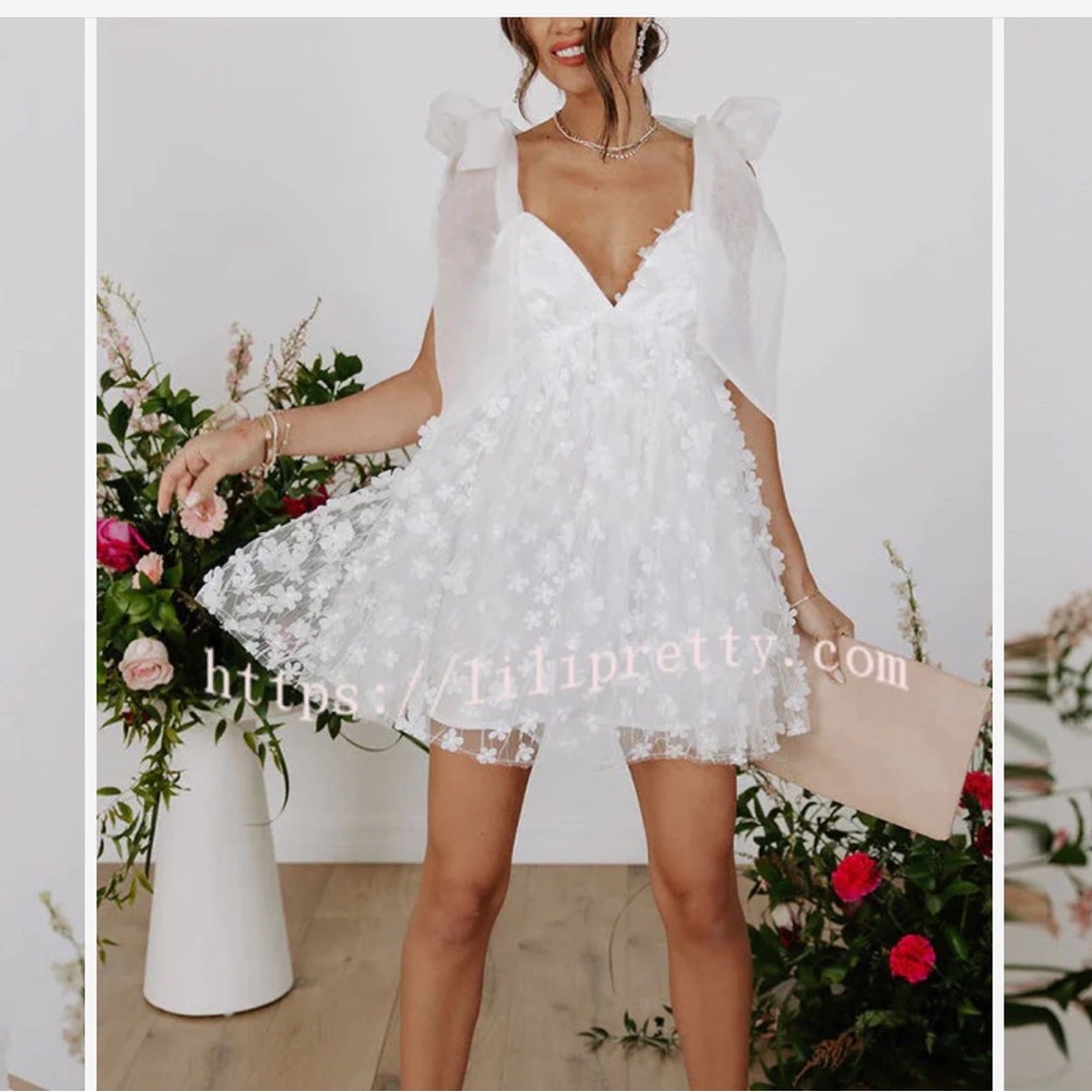 White Flower Appliqué Mini Dress